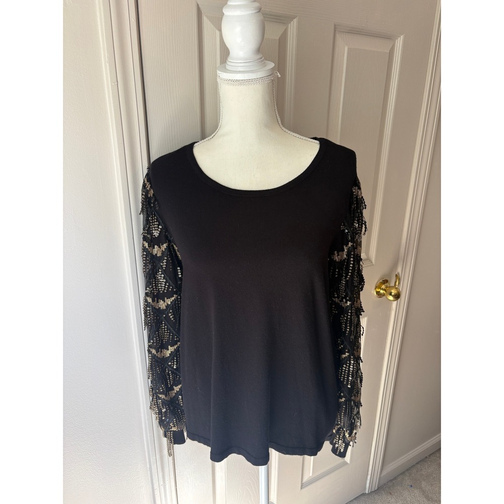 Chicos Black Sequin Mesh Sleeve Knit Top Size 0 Small Gold Geometric Fringe